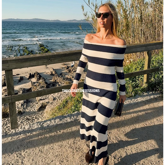 ZARA Striped Knit Off Shoulder Midi Dress NWT Size M - Picture 8 of 16